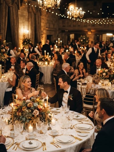 Amplio banquete de bodas elegante con iluminación cálida dorada, mesas finamente decoradas con centros florales exuberantes y cristalería, personas disfrutando discretamente en segundo plano, estilo cinematográfico, rica profundidad de campo.
