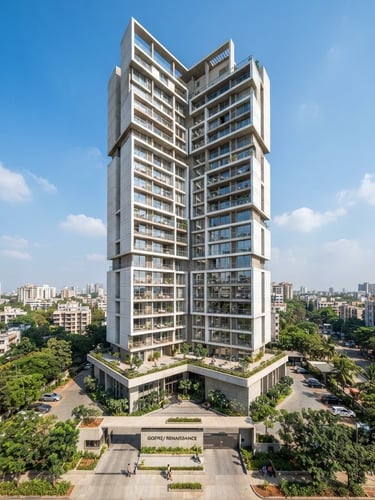 Bright architectural wide-angle photo of a modern residential tower in Vikhroli East, clean concrete lines, natural daylight, clear blue sky.