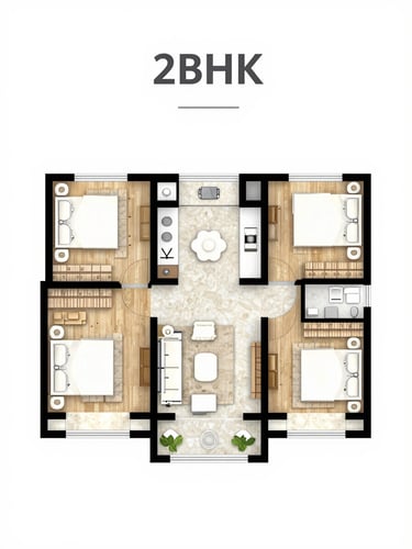 Architectural floor plan layout of a 2 BHK apartment, clean lines, high readability, professional presentation