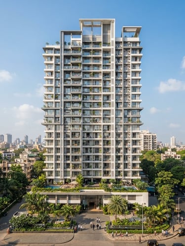 Bright architectural exterior of a modern Vaibhavlakshmi residential tower in Vikhroli East, clean lines, realistic scale, daytime sky background.