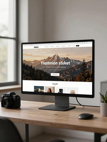 Wide environmental shot of a high-fidelity website on a large monitor in a clean professional studio workspace, screen showing a premium brand homepage with warm neutral tones, even daylight from a left-side window, camera positioned slightly left of center with generous negative space at right edge, sharp interface detail visible on screen