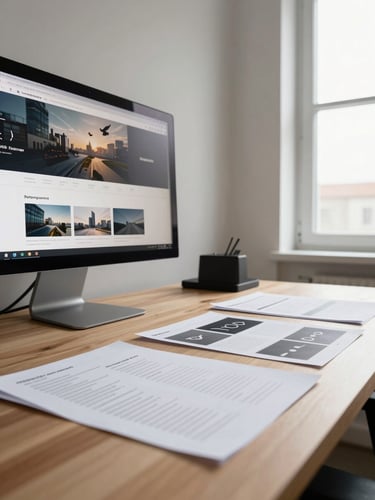 Wide environmental shot of a modern studio workspace, shot from a low angle — a large monitor showing a live website project on the left, strategy notes and brand asset printouts spread across a light oak desk, afternoon window light flooding in from the right, warm even illumination, no people, tight crop on the desk surface and screen edge