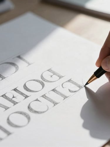 Extreme close-up of hands sketching clean typographic layouts on heavy paper, high-contrast natural light, sharp shadows.