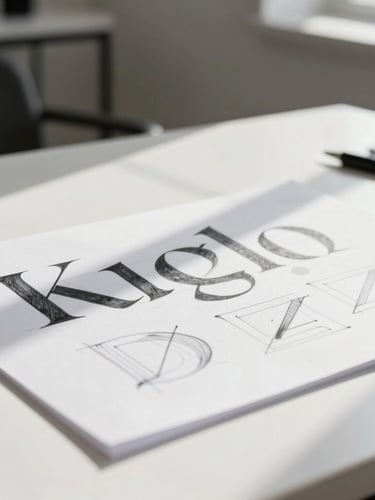 Extreme close-up of a designer sketching typographic letterforms on a clean white desk, sharp morning sunlight casting long dramatic shadows.