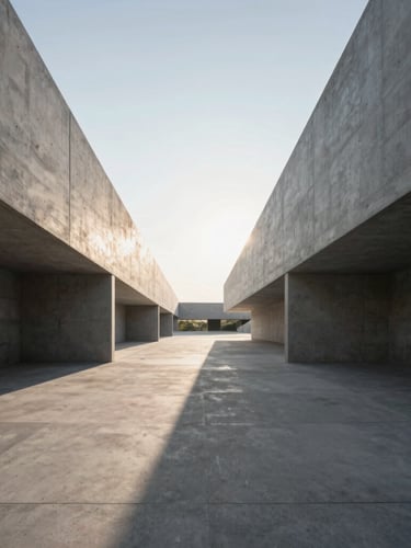 Wide environmental shot of a minimalist concrete building with sharp perspective lines pointing toward a bright morning horizon, high-contrast shadows.
