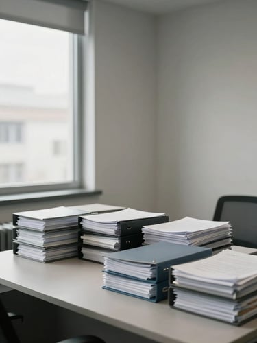 Wide interior shot of a clean, organized professional office workspace — a tidy desk with neatly stacked folders and documents occupying the right two-thirds of the frame, neutral walls, ambient daylight from a large window to the left, no people visible, muted gray and white tones, calm and orderly atmosphere