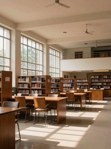 Wide-angle architectural photograph of an elite engineering college library in South India, warm natural daylight streaming through high windows, structured wooden bookshelves and study desks, soft shadows.