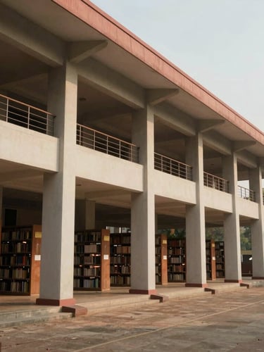 Wide-angle architectural shot of a prestigious engineering college library in South India, warm natural daylight, structured concrete pillars.