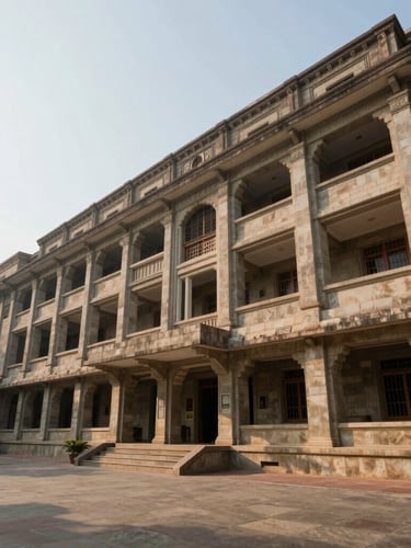 Wide architectural perspective of a prestigious South Indian engineering campus stone library facade, bright natural daylight, soft shadows, negative space on the left