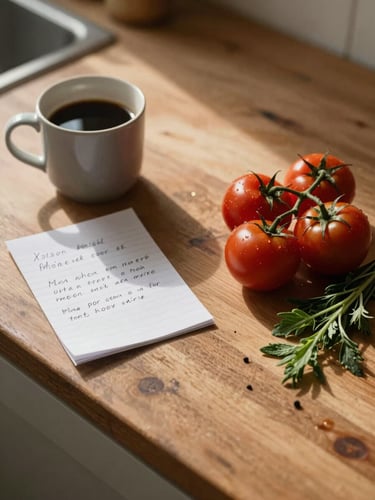 Close-up overhead view of a worn wooden kitchen prep table in early-morning light, a coffee mug and handwritten notes to the left, a small cluster of tomatoes and herbs to the right, soft north-facing daylight raking across the surface texture