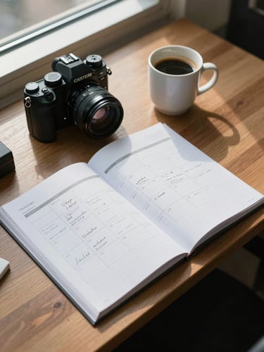 Close overhead view of a wooden desk at an agency, a content calendar spread open with handwritten notes, a camera body resting beside it, morning north-facing window light casting soft shadows across the papers, a half-finished coffee at the edge of the frame