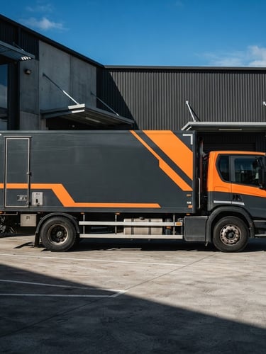 Side view of a branded heavy-duty fleet vehicle parked outside a modern industrial warehouse, crisp daylight, high contrast shadows