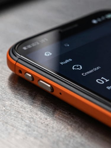 Extreme close-up macro shot of a rugged Android phone displaying a technical diagnostic interface, resting on a brushed metal workbench, dramatic high-contrast studio lighting with deep shadows and safety orange accents.