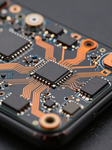 Macro overhead shot of a modern smartphone motherboard, raw copper circuits, high-contrast studio lighting, safety orange accents