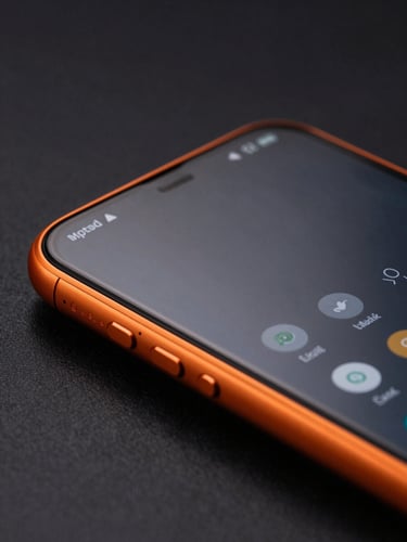 Macro shot of a high-end Android flagship device showing a custom dark interface with safety orange accents, high-contrast dramatic studio lighting, sharp technical focus