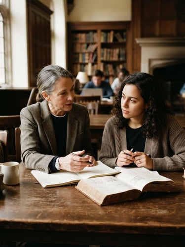 Warm editorial photography of a collaborative mentorship session in a historic university study hall, soft natural window light, rich academic tones, shallow depth of field, 35mm