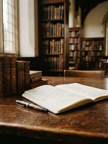 A quiet historic university library with soft natural window light reflecting on dark wood tables, leather-bound books, and a single open notebook with neat handwriting, warm scholarly atmosphere, shallow depth of field, 35mm
