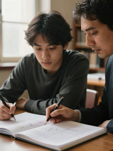 A close-up of a student and mentor analyzing a text together in a warm, scholarly library, open notebooks with neat handwritten diagrams, soft natural window light, 35mm