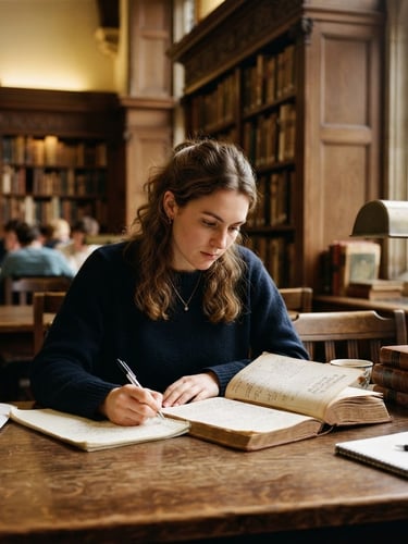 Medium close-up of a focused student in a historic oak-paneled university library, soft natural window light illuminating open leather-bound textbooks and a brass lamp, rich scholarly atmosphere, 35mm photography