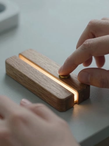 Close-up of hands interacting with a tactile wooden and brass navigation device, soft warm glowing light emitting from the seam, shallow depth of field