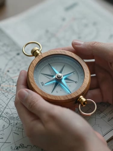 Close-up shot of hands holding a warm-toned wooden compass prototype with a soft blue glowing light, textured paper system map underneath, soft diffused studio lighting, shallow depth of field.