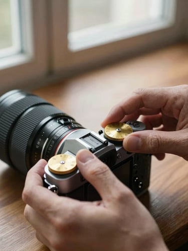 Portrait composition of a filmmaker's hands adjusting a brass dial on an analog camera, soft natural window light, warm walnut wood tones, shallow depth of field, organic film grain.