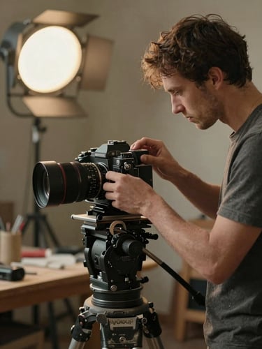 Cinematic wide shot of a filmmaker adjusting a vintage lens on a camera, warm practical lamp lighting in a dusty studio workshop, shallow depth of field, organic film grain.