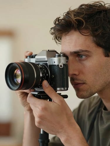 A close-up portrait of a filmmaker looking through the viewfinder of a vintage cinematic camera, warm side lighting, soft focus background
