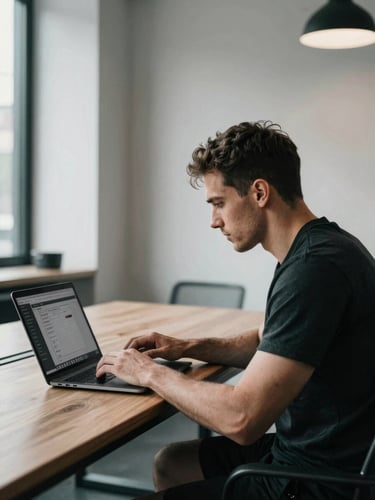 Portrait of a focused fitness coach (Alex) working on a laptop in a modern co-working space, client tracking software visible on screen, high-contrast natural light, deep shadows, desaturated cool tones, 35mm film grain.