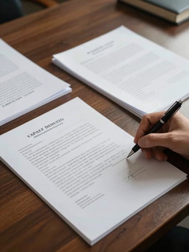 Wide environmental shot of a formal office desk from above, legal documents spread open under controlled north-facing daylight, a hand resting beside a signature line on a contract, pen placed precisely, no people's faces visible, muted tones of white paper and dark wood surface