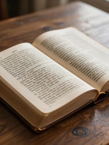 A close-up of an open, ancient leather-bound Bible on a dark wooden table, soft natural morning light highlighting the textured paper and Hebrew text, warm academic atmosphere.