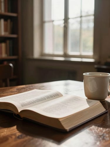 A quiet, warm library interior with soft morning light streaming through high windows, an open Bible on a dark wooden table with a ceramic mug nearby, serene and scholarly atmosphere.
