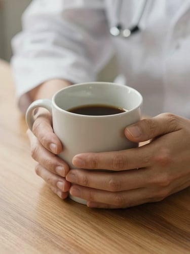 Close-up of warm hands holding a ceramic mug on a wooden table, soft natural daylight, peaceful and supportive clinical setting.