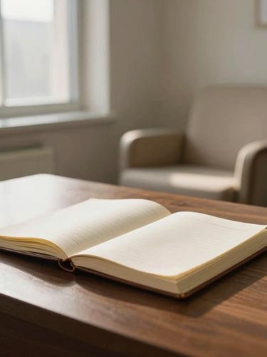 A quiet, warm clinical therapy room with soft natural daylight streaming through a window, an open leather notebook on a dark wooden table, and a comfortable armchair in the background, serene and academic atmosphere.