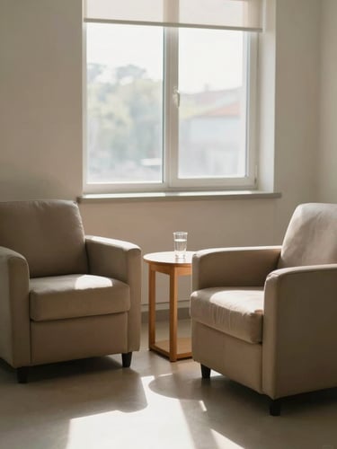 A serene, sunlit clinical therapy room with two comfortable armchairs, a wooden side table with a glass of water, soft natural light streaming through a large window, peaceful atmosphere, medium shot.