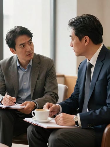 Two men in professional attire sitting in a warm, naturally lit office, engaged in a deep, confidential conversation over open notebooks and coffee cups.