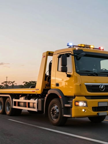 Dynamic wide-angle shot of a modern yellow flatbed tow truck driving on a highway in Santos at sunset, high contrast, industrial tones