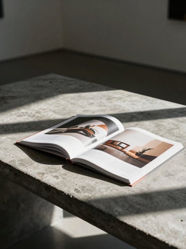Wide-angle architectural shot of an open art catalog lying on a raw concrete table inside a minimalist, sun-drenched gallery space, casting sharp diagonal shadows.