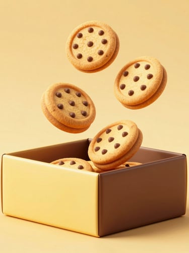 A highly stylized 3D render of an open butter-yellow and chocolate-brown cookie box, with four ultra-thin chocolate chip cookies floating above it, warm studio lighting, clean yellow background.