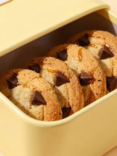 Close-up of a beautifully designed retro butter-yellow cookie box being opened, revealing thin caramelized chocolate chip cookies inside, warm high-contrast studio lighting