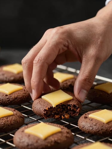 A close-up of a pastry chef's hand gently placing thin freshly baked cookies onto a cooling rack, warm high-contrast studio lighting, rich chocolate brown tones.