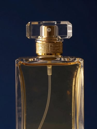 Macro shot of luxury perfume glass bottle catching golden-hour light, deep blue background, soft golden highlights, premium aesthetic