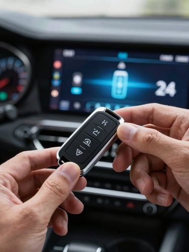 Macro shot of a high-tech car key programmer screen glowing inside a vehicle cabin, hands holding a sleek modern smart fob, directional dashboard light.