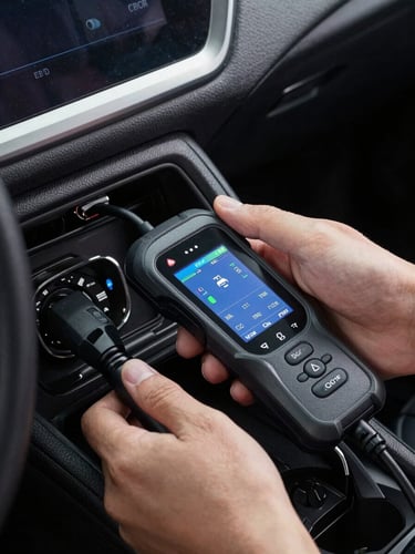 Close-up of hands operating a handheld digital key programmer plugged into an OBD2 port inside a modern vehicle dashboard, screen glowing with diagnostics, high-contrast directional lighting.