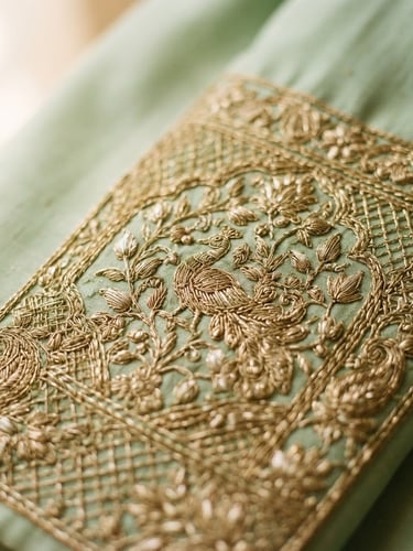 Close-up of delicate gold Kasavu embroidery on a soft pista green silk fabric, intricate traditional pattern, warm natural daylight, shallow depth of field