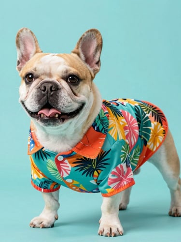 Vibrant studio pet photography of a happy French Bulldog wearing a custom-tailored colorful tropical shirt, bright teal backdrop, soft lighting, eye-level medium shot showing comfortable fit.
