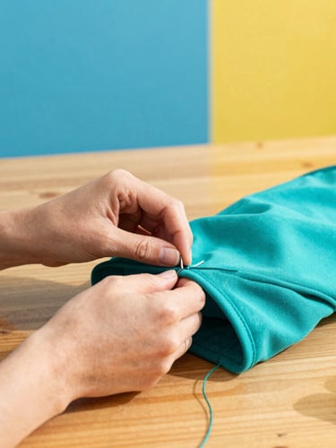 Hands of a local artisan carefully sewing a vibrant teal pet garment on a wooden table, warm natural light, fabrics and threads nearby