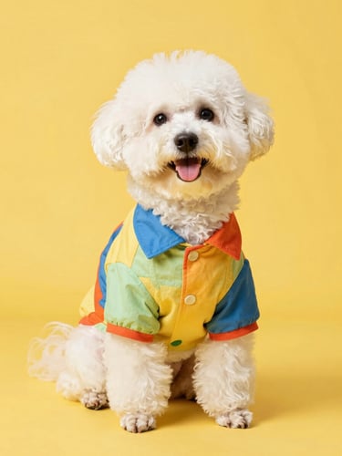 A happy fluffy dog wearing a colorful handcrafted shirt, sitting comfortably on a solid soft yellow background, bright studio lighting