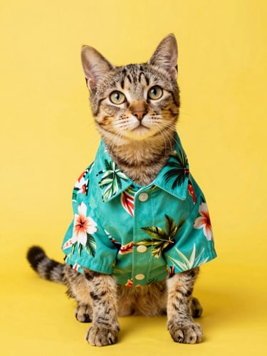 A playful tabby cat wearing a bright teal tropical Hawaiian shirt, sitting comfortably on a solid yellow background, vibrant studio pet photography, eye-level medium shot.