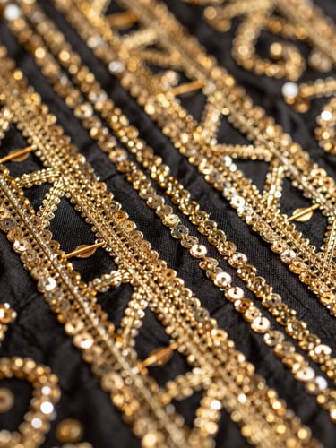 Macro close-up of intricate gold embroidery and hand-anchored sequins on heavy black georgette fabric, catching warm golden light, shallow depth of field